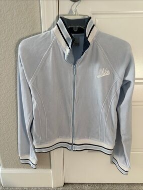 NWOT Nike Women's Light Blue Zip-Up Varsity Jacket with Navy Trim